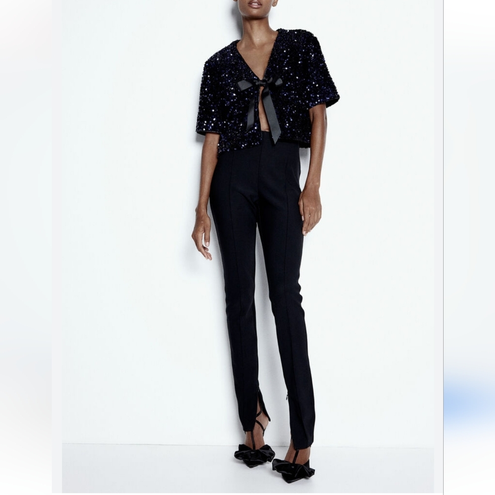 H&M Viral Black Sequin Ribbon Bow Cardigan Blouse Size S M L NWT - Picture 8 of 13